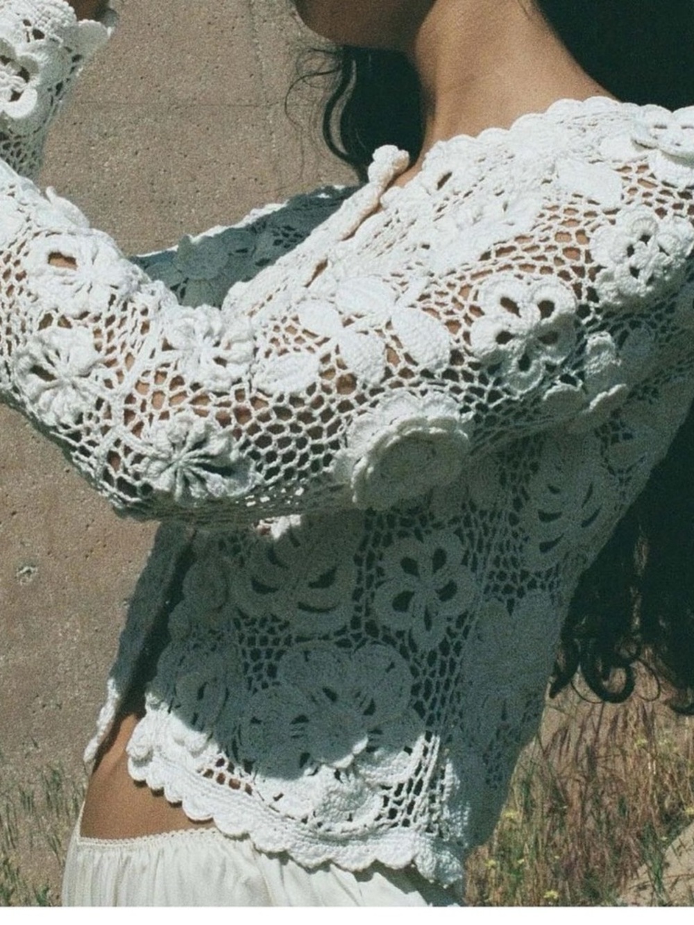 NWOT Dôen Heirloom Alameda Handknit Lace Cardigan Pearl White Pima Cotton Size L